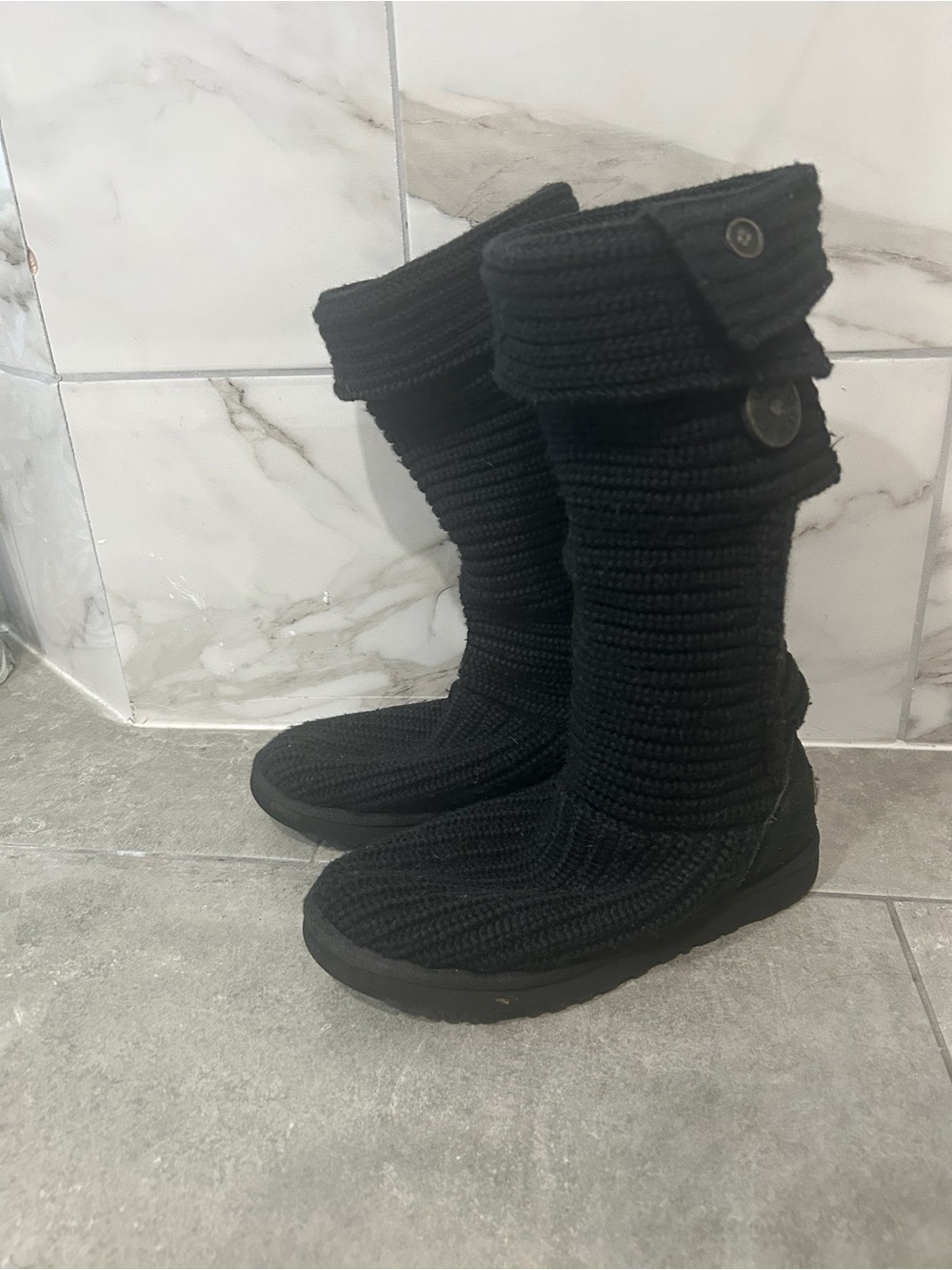 UGG Black Knit Mid-Calf Button Fold-Over Boots